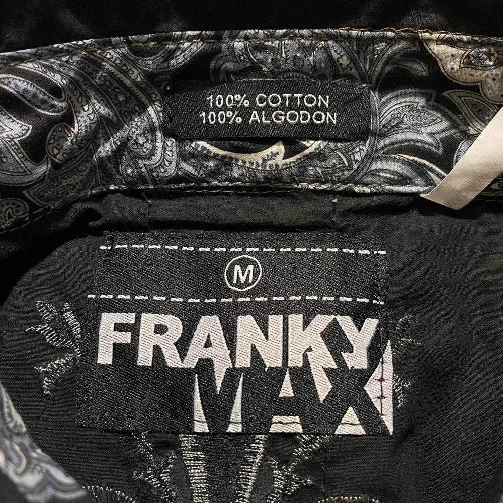 Franky Max Men’s Embroidered w/ Paisley Trims Long Sleeve Shirt Size M Black - Picture 6 of 9